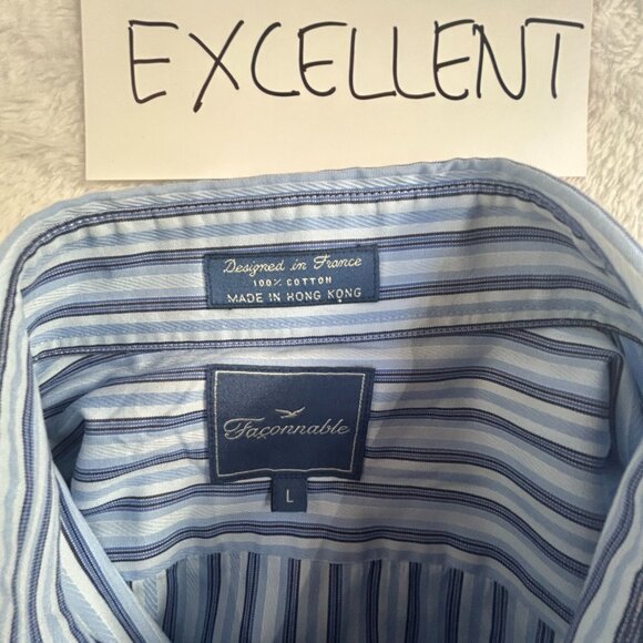 Faconnable Mens Long Sleeve Striped Button-Up Shirt Size Large Blue White Cotton - Picture 3 of 7
